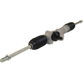 The Steering Rack by Moose Offroad is a rack and pinion assembly featuring metal rods, tie-rod ends, and black rubber boots on both ends, designed to provide precise vehicle steering control.