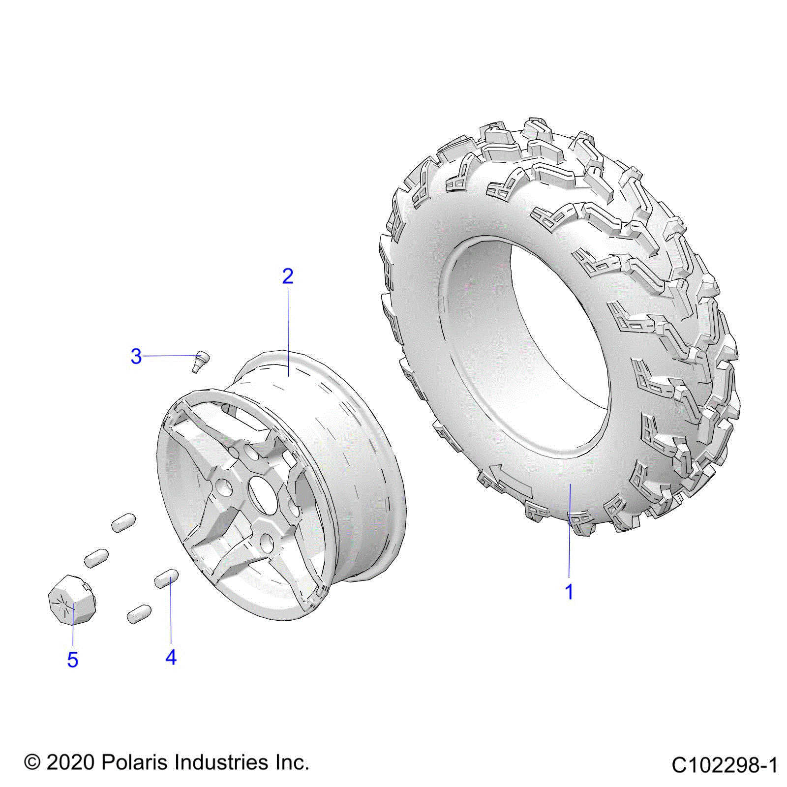 An Image of a Genuine Polaris Parts Schematic Diagram showing the schematic - WHEELS: FRONT TIRE - 2024 POLARIS SPORTSMAN 570 HUNTER EDITION