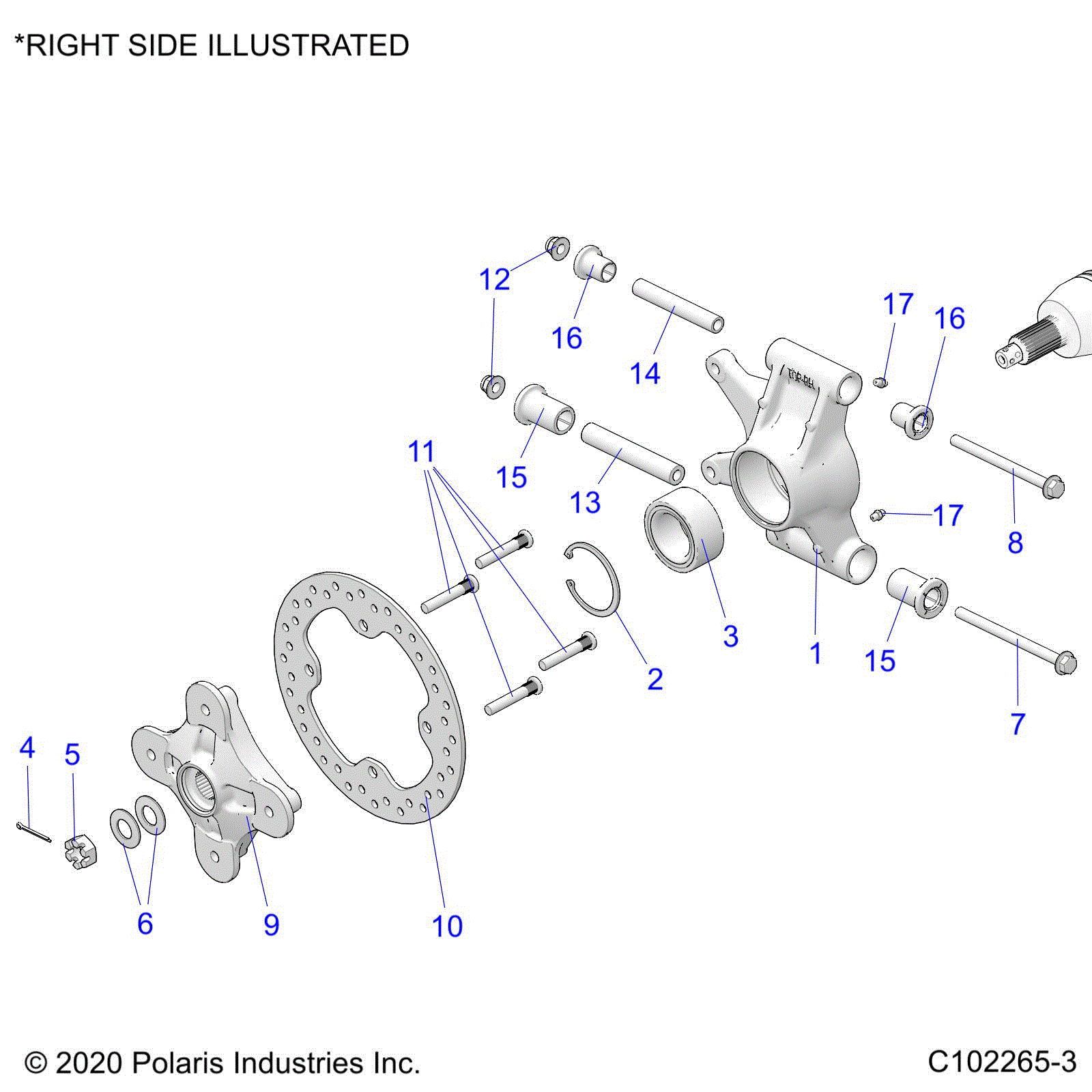 An Image of a Genuine Polaris Parts Schematic Diagram showing the schematic - SUSPENSION: REAR HUBS CARRIER and BRAKE DISC - 2025 POLARIS SPORTSMAN 850 MUD 49S