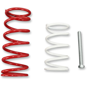 A red and a white coil spring, plus a silver hex-head bolt, are arranged vertically on a white background to showcase components from the Economy Clutch Kit by Epi, ideal for trail riding.