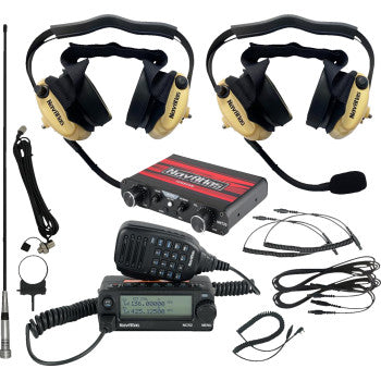 The Navatlas Intercom Radio and Headset Kit 2 Seat Beige includes a dual band radio, two noise-cancelling headsets with microphones, a control unit, antenna, assorted cables, and connectors, all displayed on a white background.