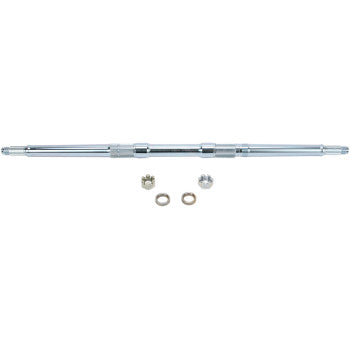 The Yamaha Raptor Axle Performance Heavy Duty by Dura Blue is a strong, non-adjustable metal axle shaft with a polished finish, including two washers, a castle nut, and a small locking cap—all displayed on a white background.