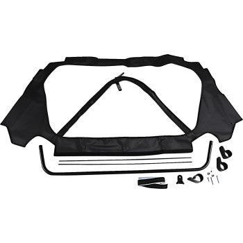 The Kawasaki KRX 1000 Soft Rear Windshield Clear by Seizmik, made with UV-resistant polyester and an optical-grade PVC window, includes mounting brackets, screws, frame rods, and hardware, all displayed on a white background.