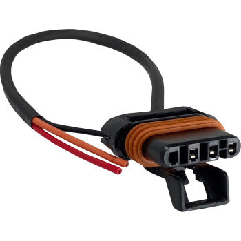 The Polaris Taillight Pigtail Harness by Moose Offroad is a black connector with three metal terminals, an orange rubber gasket, and two attached wires—one red and one black—designed for direct replacement and easy installation.