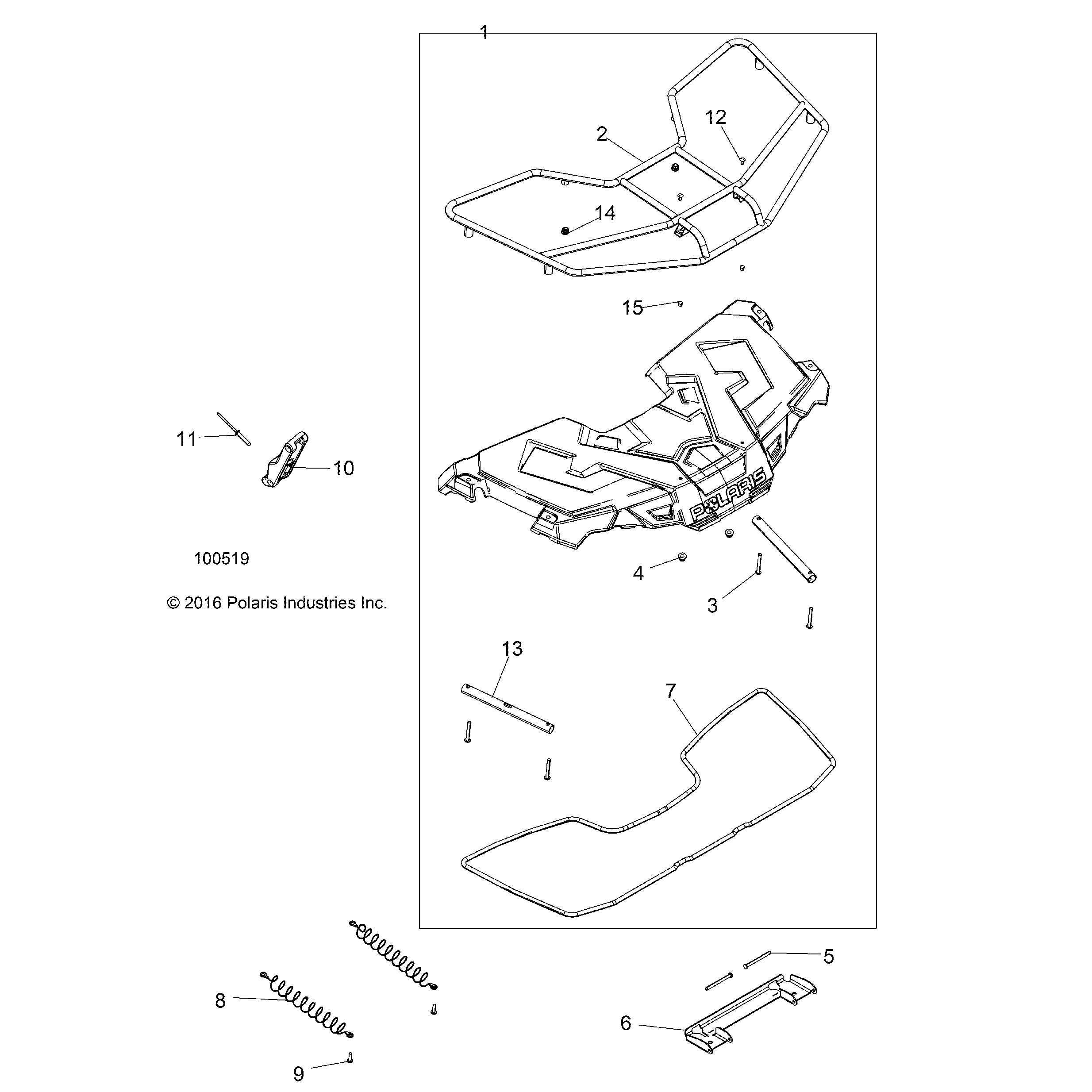 An Image of a Genuine Polaris Parts Schematic Diagram showing the schematic - BODY: STORAGE FRONT - 2019 POLARIS SPORTSMAN 450 HO