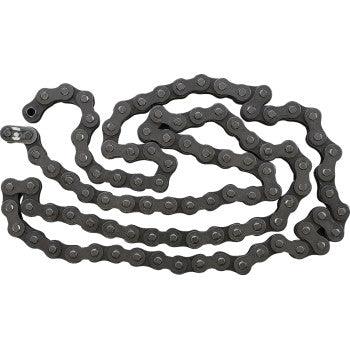 The 428 SR Heavy Duty Non Sealed Chain by Ek, featuring 100 interlocking metal links and solid bushings, lies coiled in a loose oval shape on a white background.