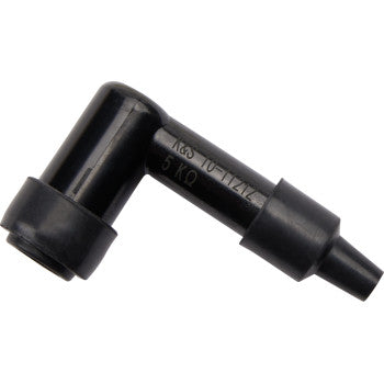 The Spark Plug Resistor Cover 90° Elbow Type by Moose Offroad is a black, L-shaped cap with a cylindrical design and printed text, designed to connect ignition wires to spark plugs for enhanced performance in small engines or vehicles.