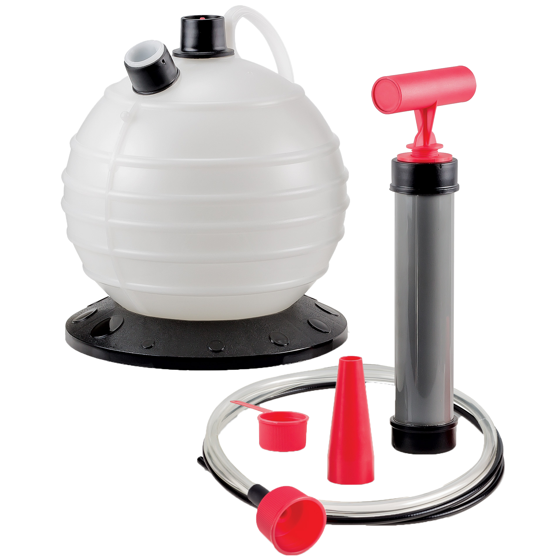 The Fluid Extractor 6L by Powerbuilt is a white, round manual fluid extractor with a black base, manual pump with red handle, check valve, clear hose, and multiple red and black attachments.