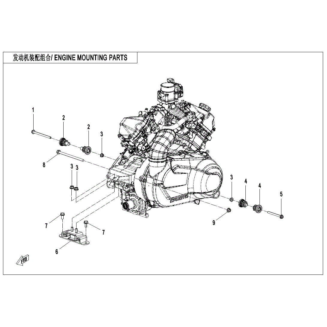An Image of a Genuine CFMOTO Parts Schematic Diagram showing the schematic - ENGINE MOUNTING PARTS - 2023 CFMOTO ZFORCE 950 HO Sport