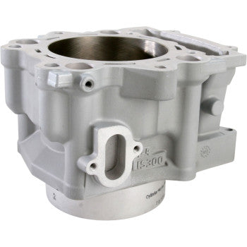 Silver metallic Yamaha cylinder with smooth machined surfaces and precision holes, designed for offroad engine use.
