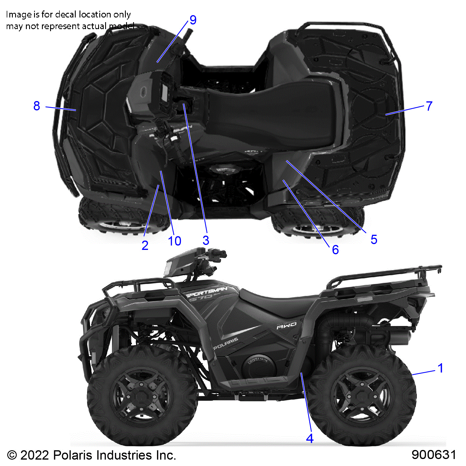 An Image of a Genuine Polaris Parts Schematic Diagram showing the schematic - BODY: DECALS GENERAL - 2023 POLARIS SPORTSMAN 570 PREMIUM