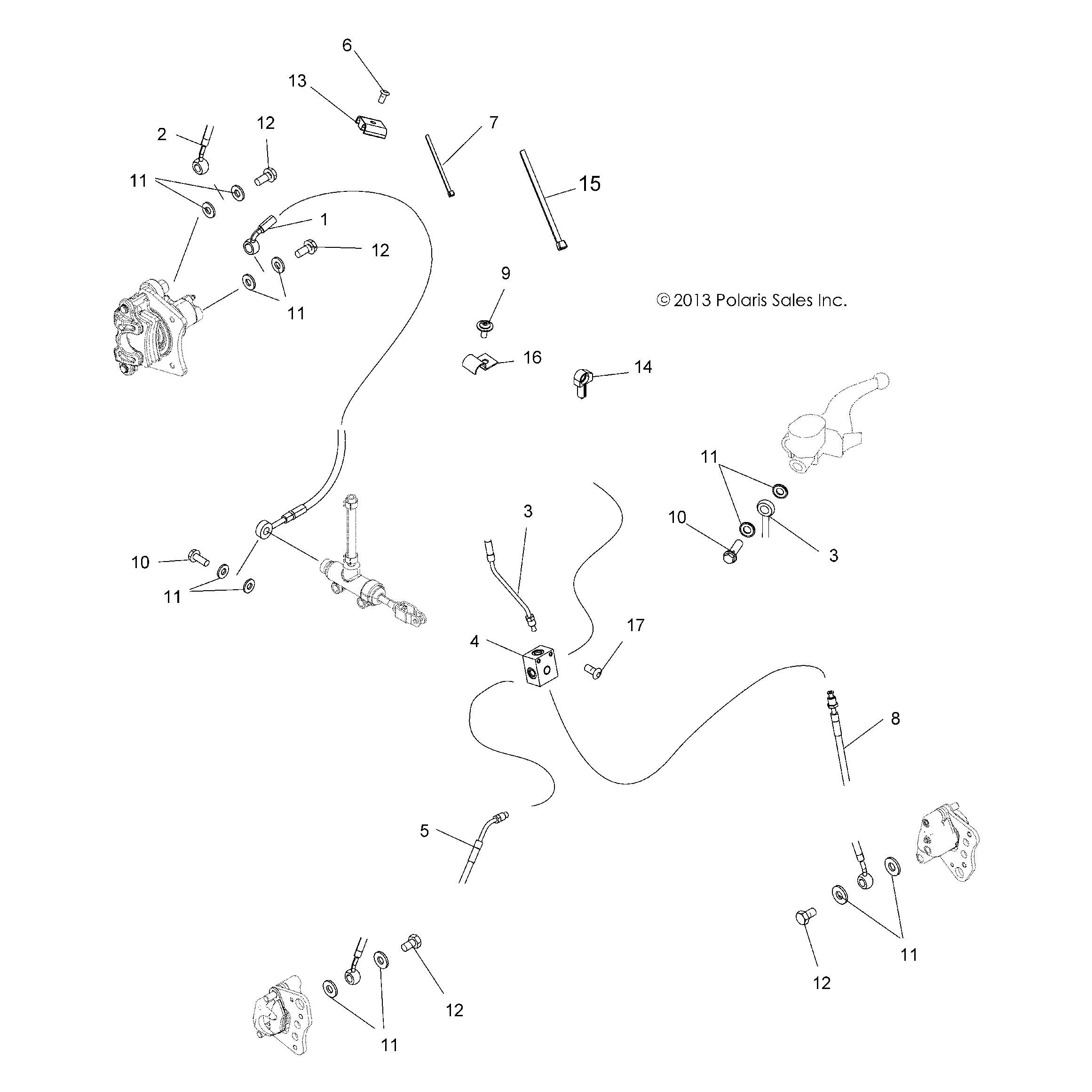 An Image of a Genuine Polaris Parts Schematic Diagram showing the schematic - BRAKES: BRAKE LINES - 2016 POLARIS SPORTSMAN 450 HO