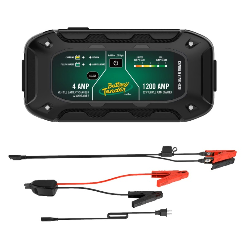 The Battery Tender Chargenstart 4Amp Battery Charger & 1200 Amp Jump Starter features an LCD display, 4-step charging, attached power cables, energy-efficient red and black clamps, and a detachable connector cable.