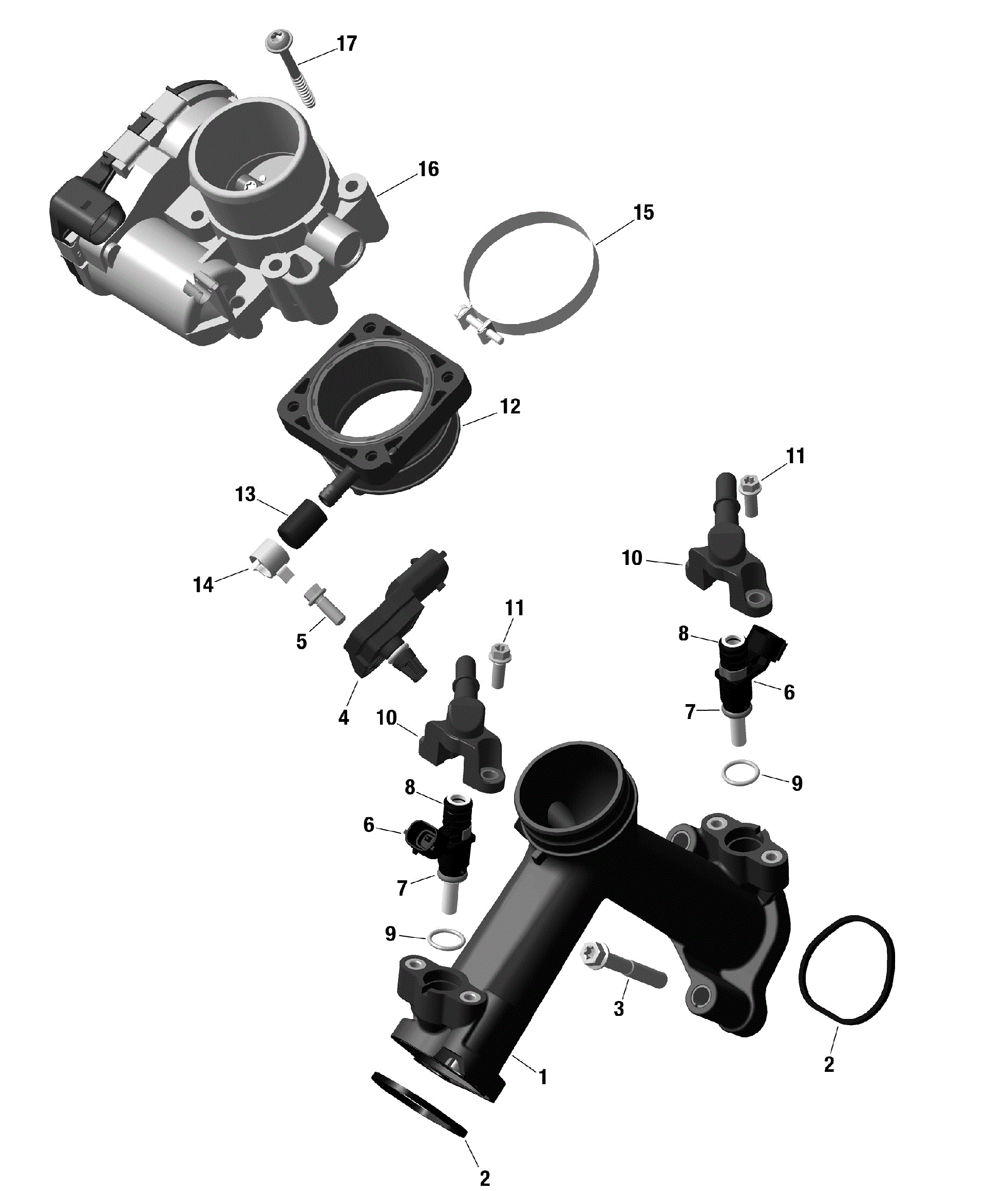 An Image of a Genuine Can-Am Parts Schematic Diagram showing the schematic - ROTAX - AIR INTAKE MANIFOLD AND THROTTLE BODY - 850 EFI