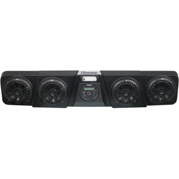 The Polaris Audio Mini by Hoppe Industries is a black soundbar with four round speakers, a central control panel with Bluetooth and display, and "Hifonics" branding on top—perfect for pairing with Kicker KM-Series speakers.