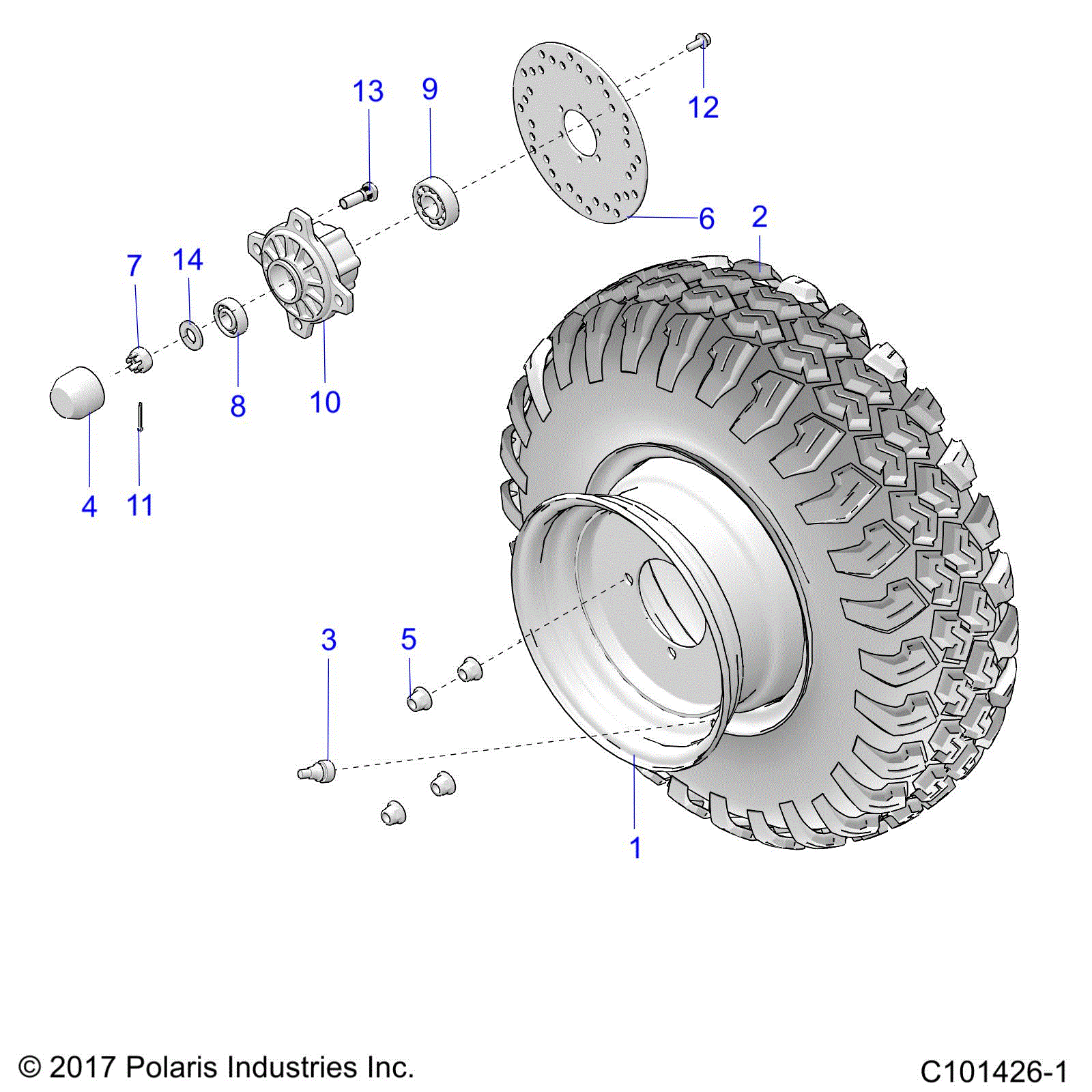 An Image of a Genuine Polaris Parts Schematic Diagram showing the schematic - WHEELS: FRONT TIRE AND BRAKE DISC - 2019 POLARIS ACE 150 EFI INDY