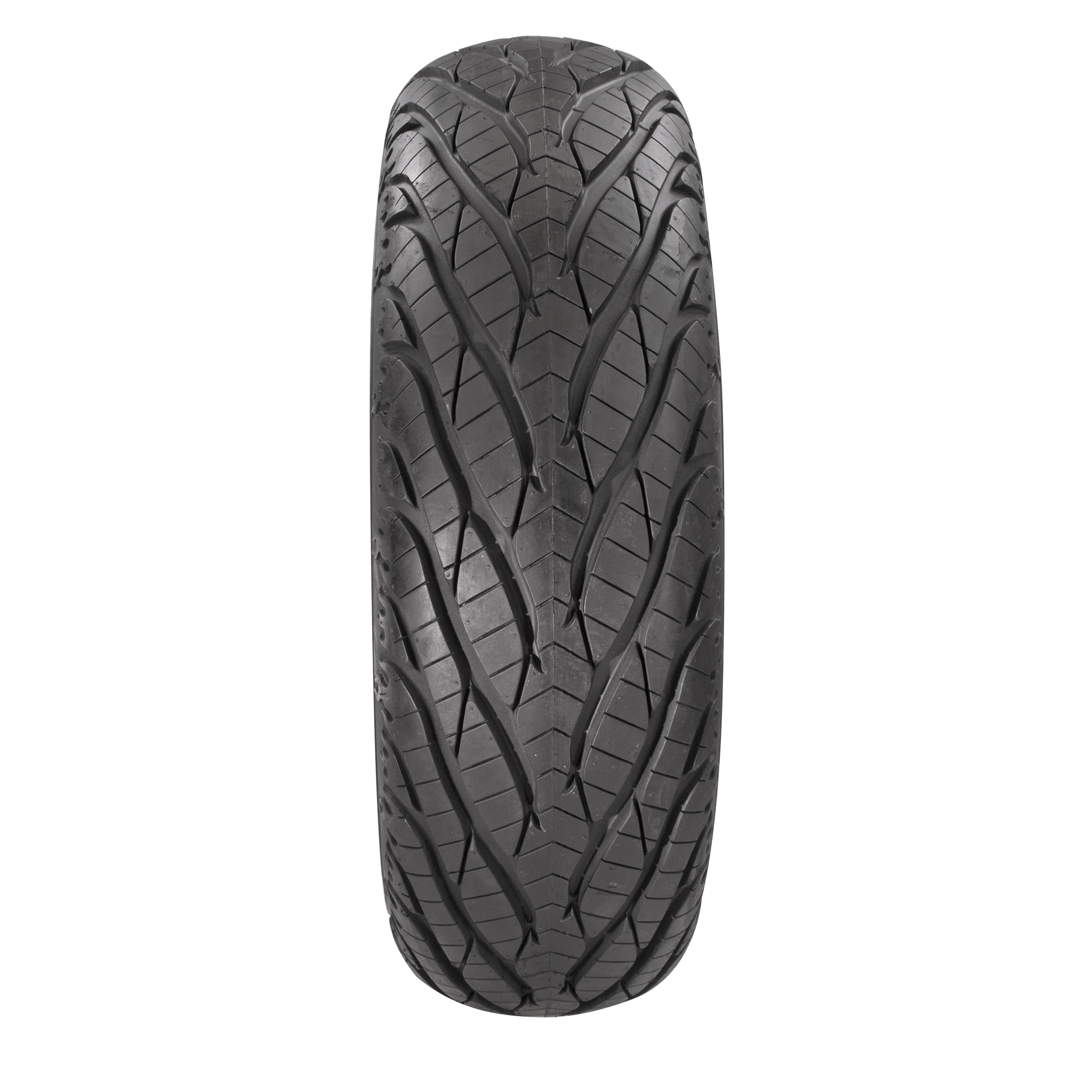 A close-up of the Tire Afterburn Sf Rear 25X10R12 Radial Lr500Lbs by GBC, a black ATV tire with deep grooves and angled tread for enhanced off-road traction, shown from above on a transparent background.