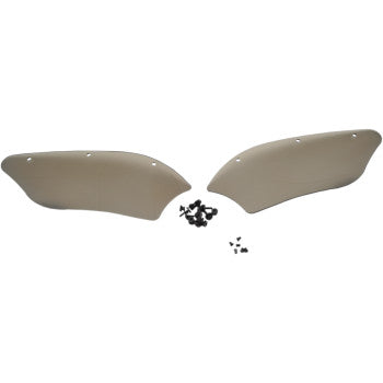 Two beige, curved Fairing Wind Deflectors by Memphis Shades, each with evenly spaced edge holes, are displayed facing each other. A small set of black screws or fasteners sits between them on a white background.
