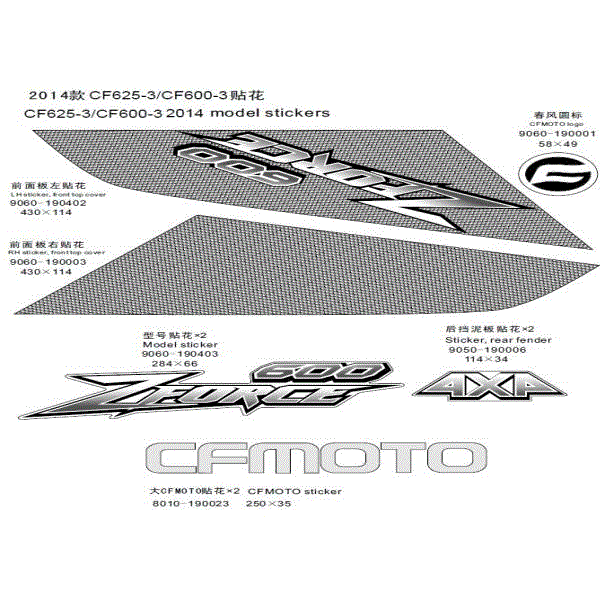 An Image of a Genuine CFMOTO Parts Schematic Diagram showing the schematic - DECAL KIT - 2015 CFMOTO ZFORCE 600