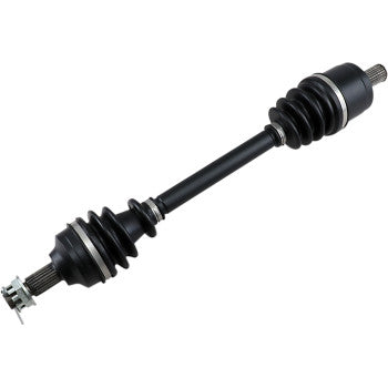 The Honda TRX 420 Honda Axle Kit Complete 8 Ball Extreme Duty Rear Left & Right by All Balls features a black chromoly shaft, protective rubber boots, visible splines, precision ball bearings, and a mounting ring, shown on a white background.