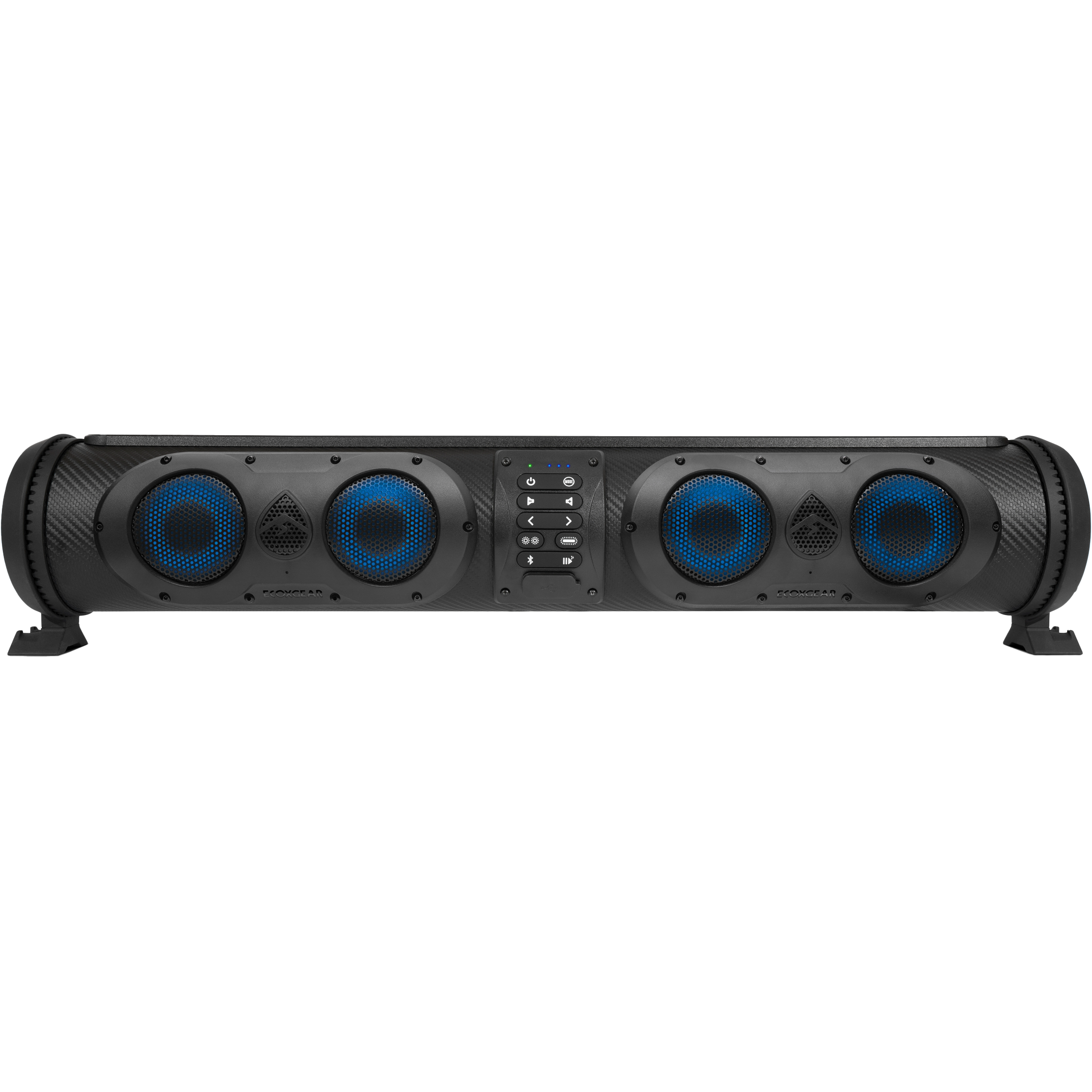 The Soundextreme 26 Soundbar by EcoXGear is a black cylindrical portable speaker with marine-grade speakers, four blue grills, a central control panel with buttons and indicator lights, and two small support feet.