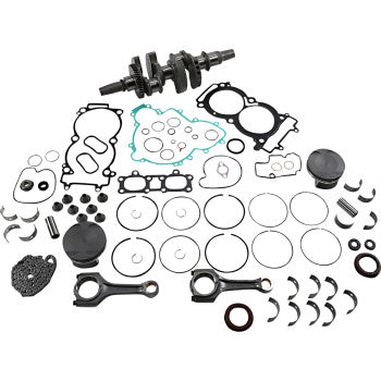 Polaris engine rebuild kit with metal crankshaft, black piston caps, multiple rubber gaskets, metal connecting rods, and.
