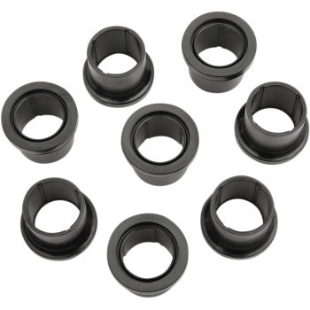 Seven black plastic A-Arm bushings from the Epi Front Kit, featuring flanges and OEM-quality standards, are displayed in a loose circular pattern on a white background.