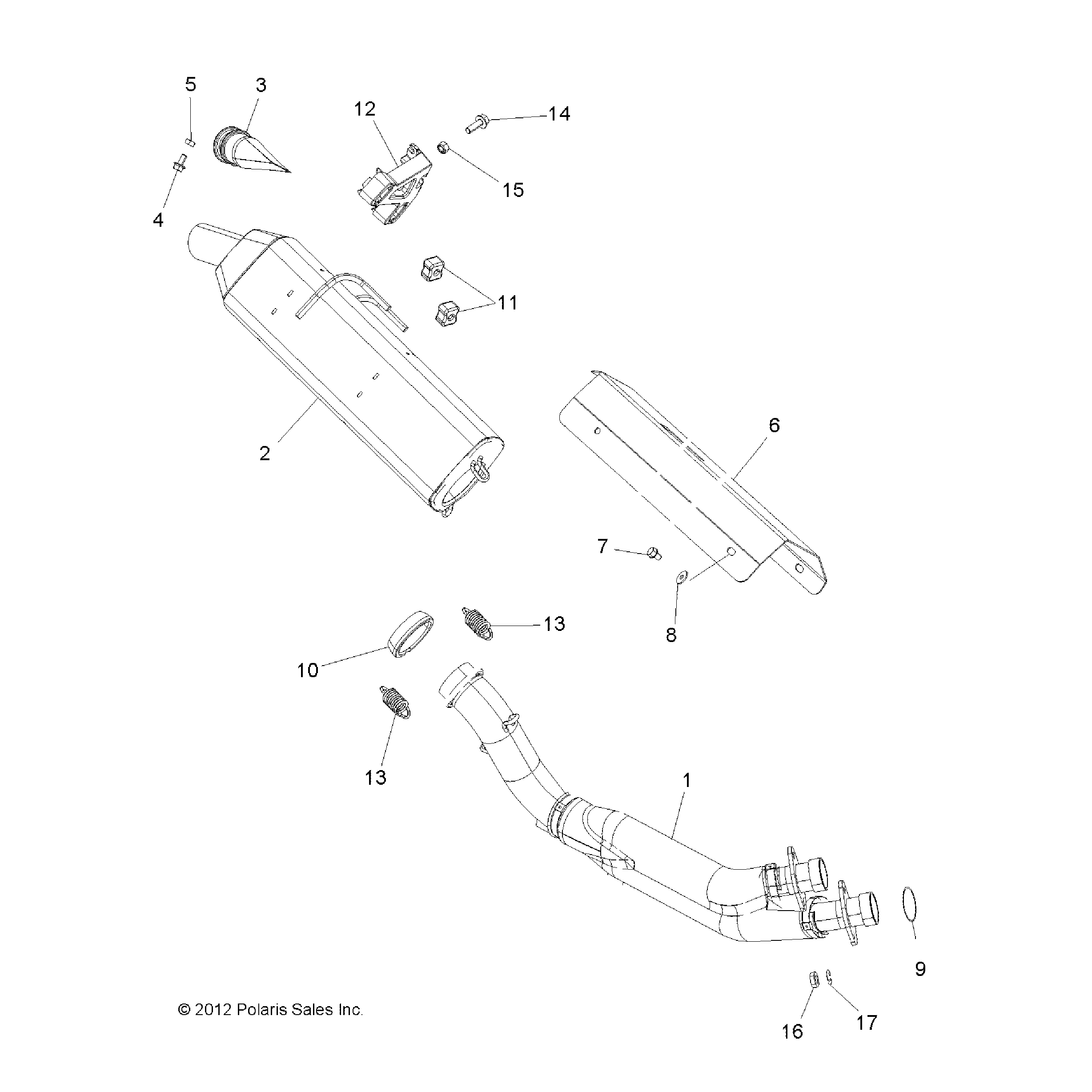 An Image of a Genuine Polaris Parts Schematic Diagram showing the schematic - ENGINE: EXHAUST - 2015 POLARIS SCRAMBLER 850