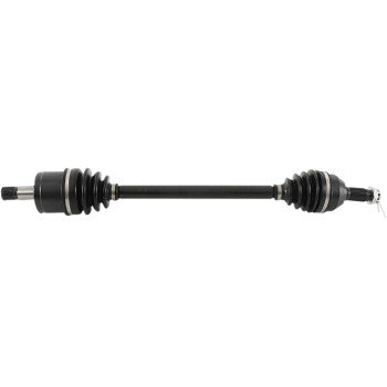 The Honda Pioneer Axle Kit Complete 8 Ball Extreme Duty Rear Left 1000 by All Balls is shown on a white background, featuring a black chromoly shaft with precision ball bearings, rubber boots, and metal connectors at each end.