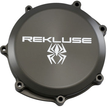 The Gas Gas - Yamaha Clutch Cover by Rekluse is a billet aluminum cover, made in the USA, featuring the Rekluse logo and a white stylized spider graphic on its surface.