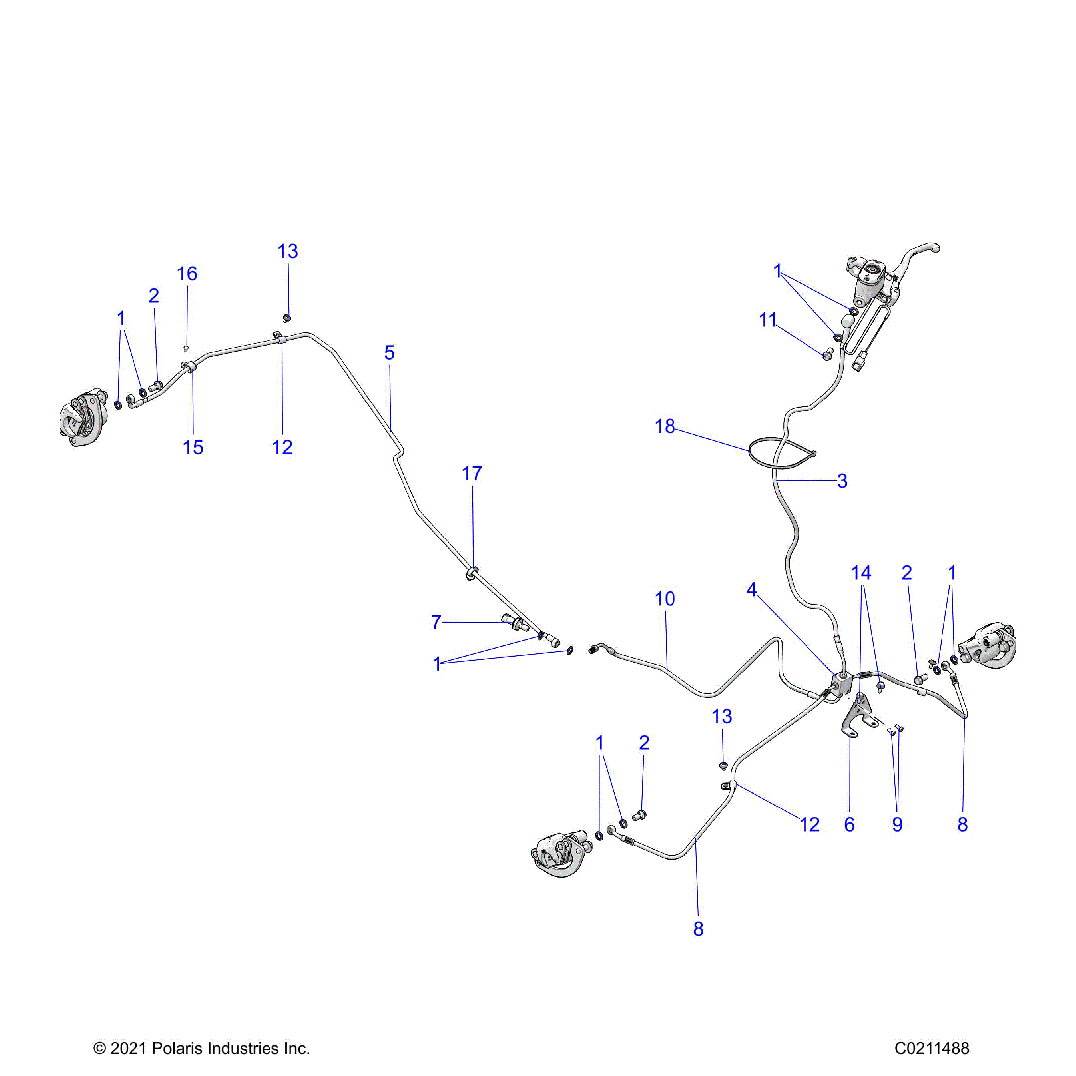 An Image of a Genuine Polaris Parts Schematic Diagram showing the schematic - BRAKES: BRAKE LINES - 2023 POLARIS SPORTSMAN 850 48" ULTIMATE TRAIL