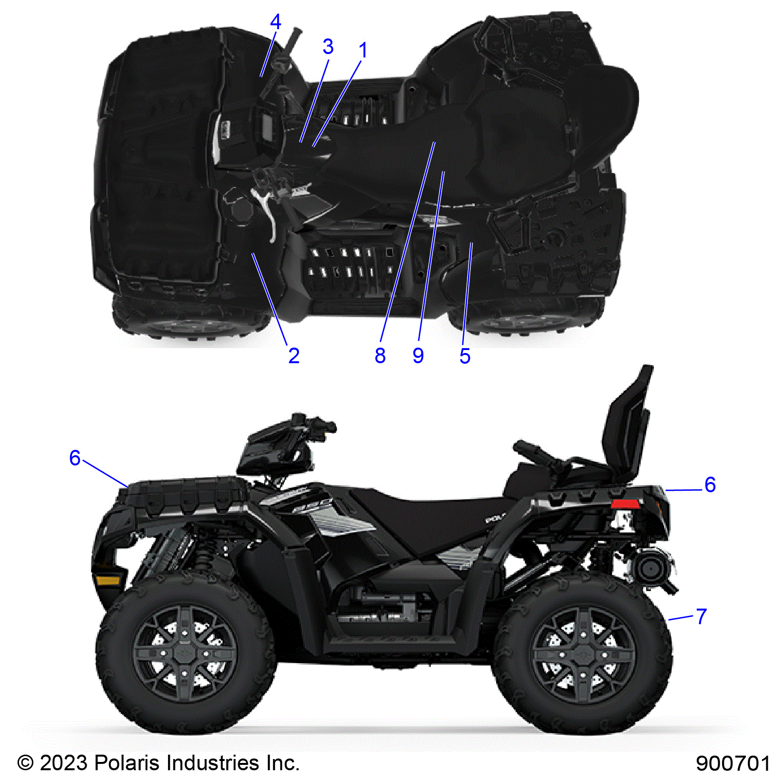 An Image of a Genuine Polaris Parts Schematic Diagram showing the schematic - BODY: DECALS STANDARD - 2024 POLARIS SPORTSMAN TOURING 850 48"