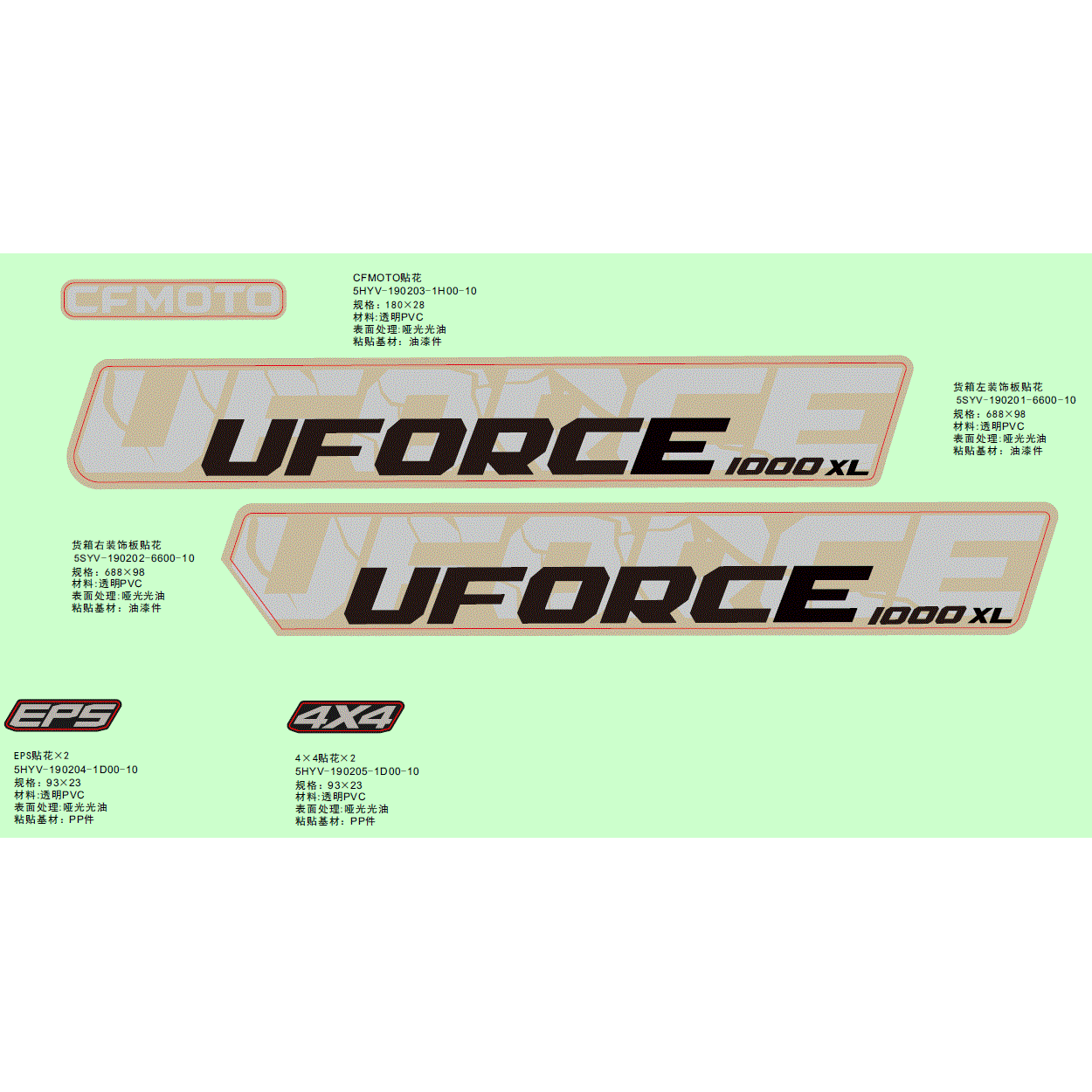 An Image of a Genuine CFMOTO Parts Schematic Diagram showing the schematic - DECAL KITS(DESERT TAN) - 2024 CFMOTO UFORCE 1000 XL