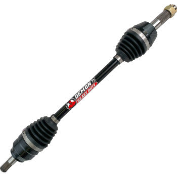 The Honda Axle Lift Kit Heavy Duty Front Right by Demon features a black chromoly steel axle shaft, rubber boots on both ends, durable CV joints, and a red and white "Demon Heavy Duty" label.