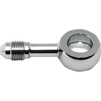 The Banjo Fitting 7/16" AN3 180° Chrome by Magnum Shielding features a threaded end and a circular, hollow eyelet. Ideal for hydraulic and brake systems using AN-3 fittings.