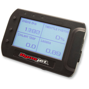 Black rectangular digital display with blue backlit screen showing engine RPM, throttle position, coolant temperature, and.