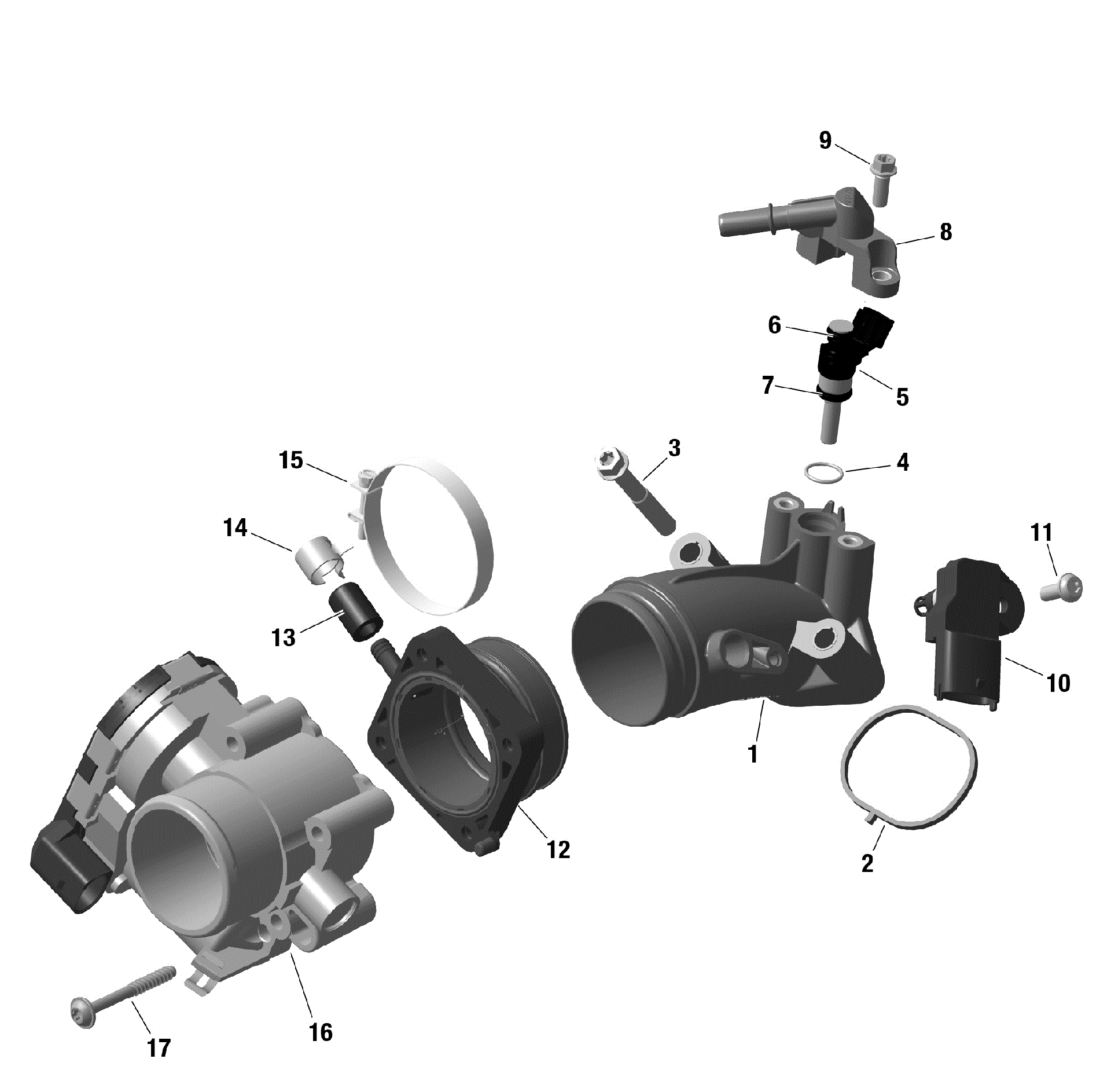 An Image of a Genuine Can-Am Parts Schematic Diagram showing the schematic - ROTAX - AIR INTAKE MANIFOLD AND THROTTLE BODY