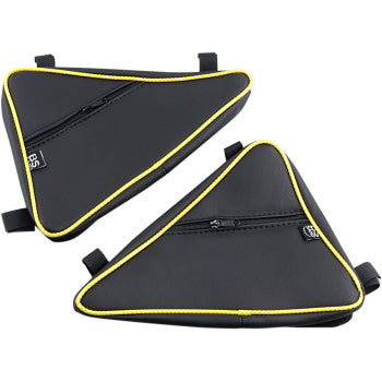 Two black, triangular Door Bag Yellow by Bs Sand bicycle frame bags with yellow trim, zippered storage pockets, and black corner attachment straps.