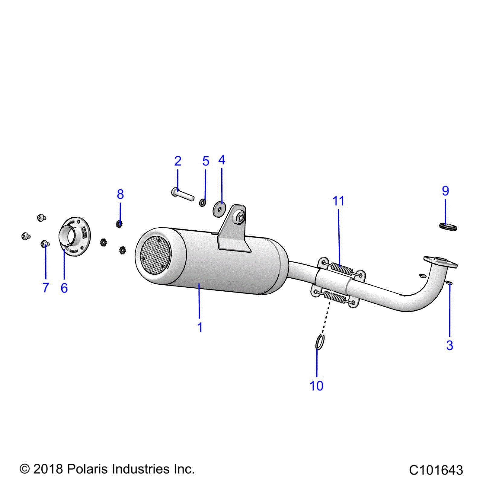 An Image of a Genuine Polaris Parts Schematic Diagram showing the schematic - ENGINE: EXHAUST SYSTEM - 2018 POLARIS ACE 150 EFI INDY