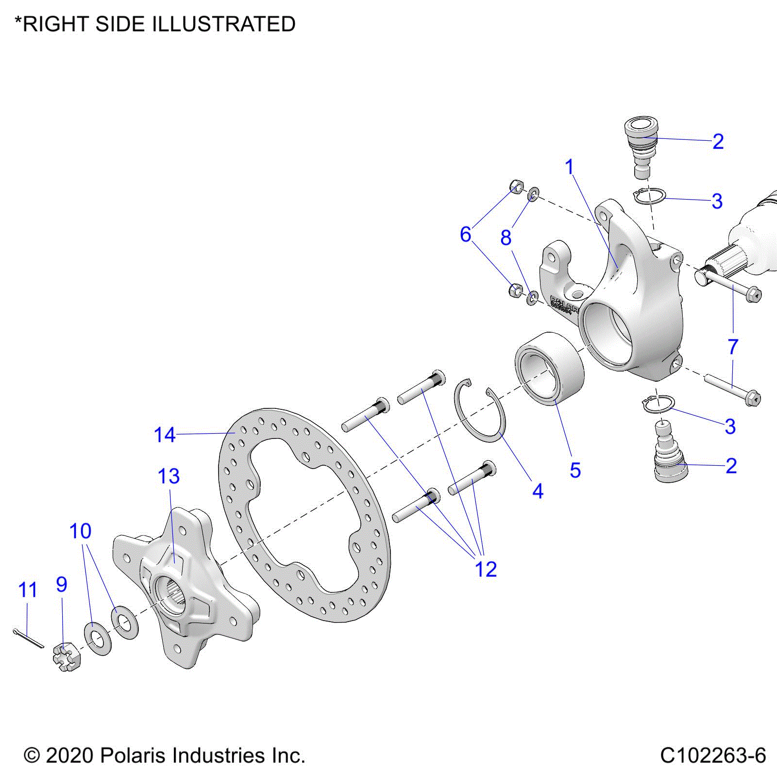 An Image of a Genuine Polaris Parts Schematic Diagram showing the schematic - SUSPENSION: FRONT HUB KNUCKLE and BRAKE DISC - 2025 POLARIS SPORTSMAN 850 MUD 49S