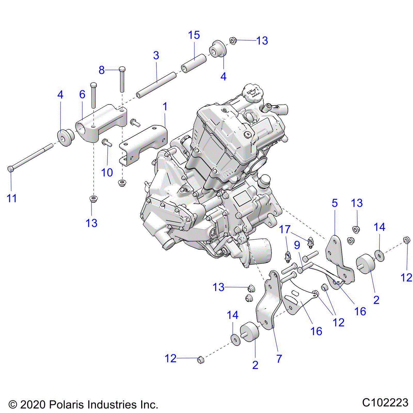 An Image of a Genuine Polaris Parts Schematic Diagram showing the schematic - ENGINE: MOUNTING & LONG BLOCK - 2022 POLARIS SPORTSMAN 570