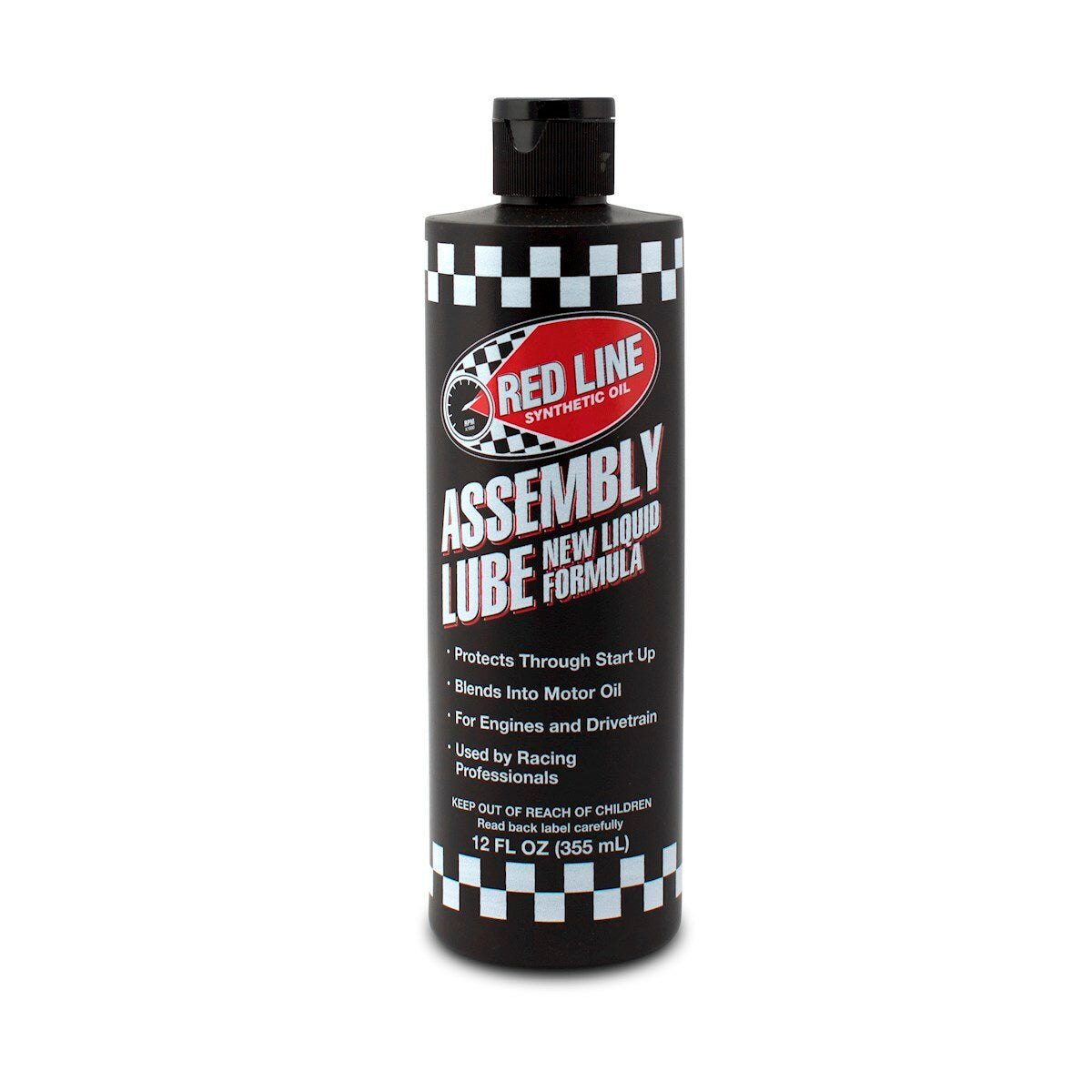 A 12 fl oz bottle of Assembly Lube 12Oz by Red Line features a black and checkered label, offers high film strength, engine protection, blends with motor oil, trusted by racing pros, and is compatible with Molybdenum Disulfide greases.