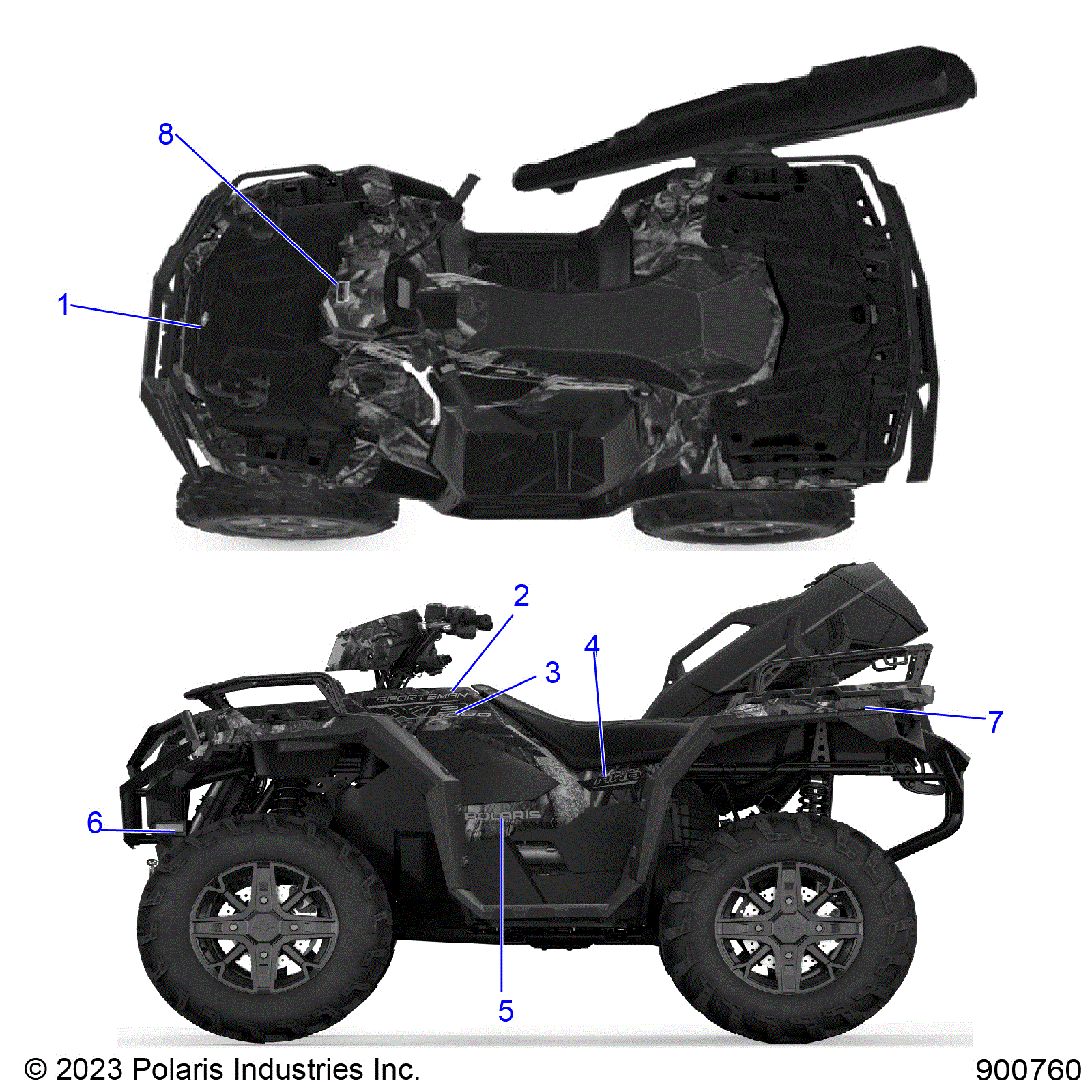 An Image of a Genuine Polaris Parts Schematic Diagram showing the schematic - BODY: DECALS GRAPHICS - 2025 POLARIS SPORTSMAN XP 1000 HUNTER EDITION
