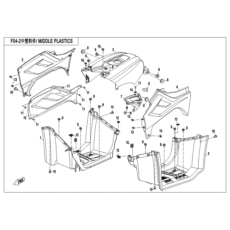 An Image of a genuine CFMOTO Parts Schematic Diagram showing the group - MIDDLE PLASTICS - 2018 CFMOTO CFORCE 400