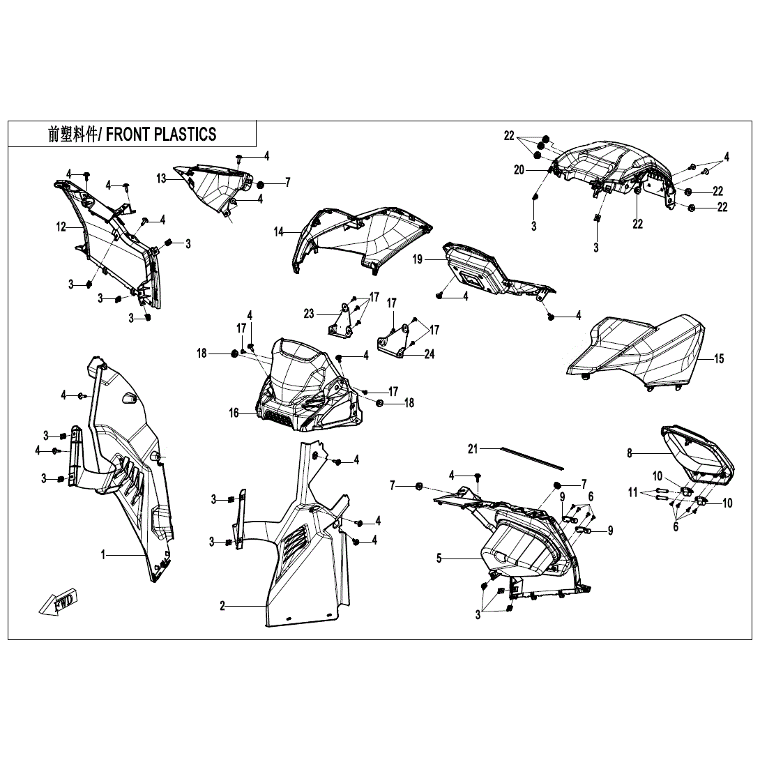 An Image of a genuine CFMOTO Parts Schematic Diagram showing the group - FRONT PLASTICS 7" DASHBOARD - 2025 CFMOTO CFORCE 800 TOURING