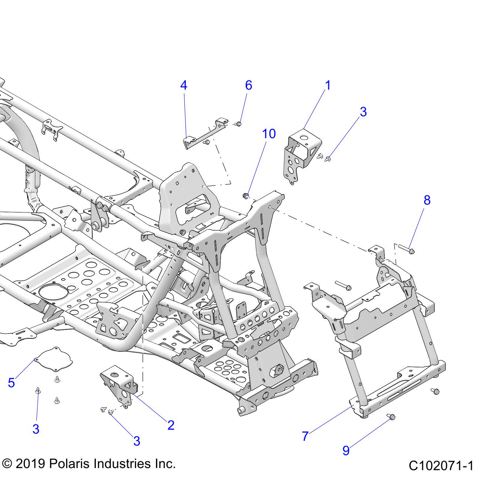 An Image of a Genuine Polaris Parts Schematic Diagram showing the schematic - CHASSIS: FRONT CAB SUPPORTS - 2020 POLARIS SCRAMBLER XP 1000 55"