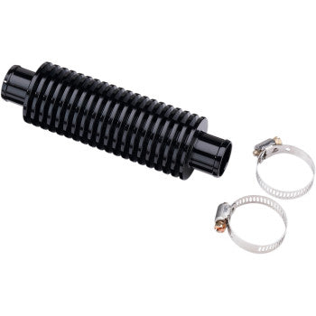 The In Line Cooler Black by Moose Offroad is a black cylindrical billet aluminum oil cooler with a ribbed surface for better heat dissipation, and comes with two adjustable silver hose clamps, all shown against a white background.
