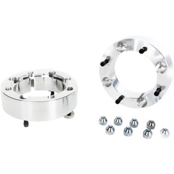 Two Spacer with Stud Wheel Rear 4/156 2 by High Lifter are shown with eight matching lug nuts on a white background—perfect as wheel adapters or for upgrading to aftermarket tires.