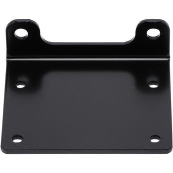 The Fairlead Adapter Plate Small by Warn is a black metal right-angle bracket, perfect for use as a winch fairlead adaptor, with two vertical and four horizontal holes for secure mounting.