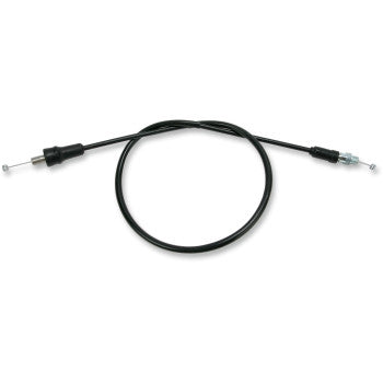 A Yamaha Vinyl Covered Throttle Cable by Parts Unlimited, black with metal connectors at both ends, coiled in a loose loop and isolated on a white background. Designed to OE specifications for an exact fit.